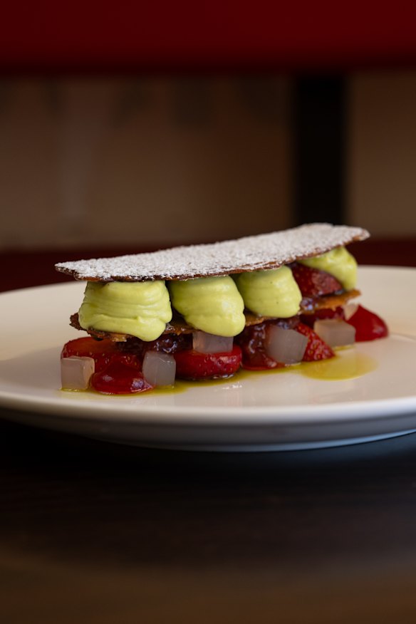 Strawberry millefeuille, lovage cream, lavender.