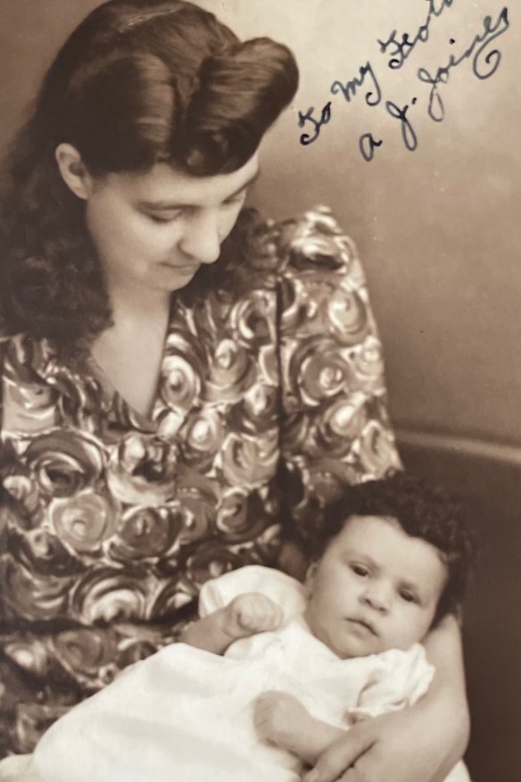 Geoffrey Joiner as a baby with his mother, Jean Aughey.  Aughey sent this photo to the boy’s grandmother in the United States; prospective war brides were encouraged to correspond with family overseas. But the military usually didn’t action requests by mixed-race couples to marry, said expert Victoria Grieves Williams. 