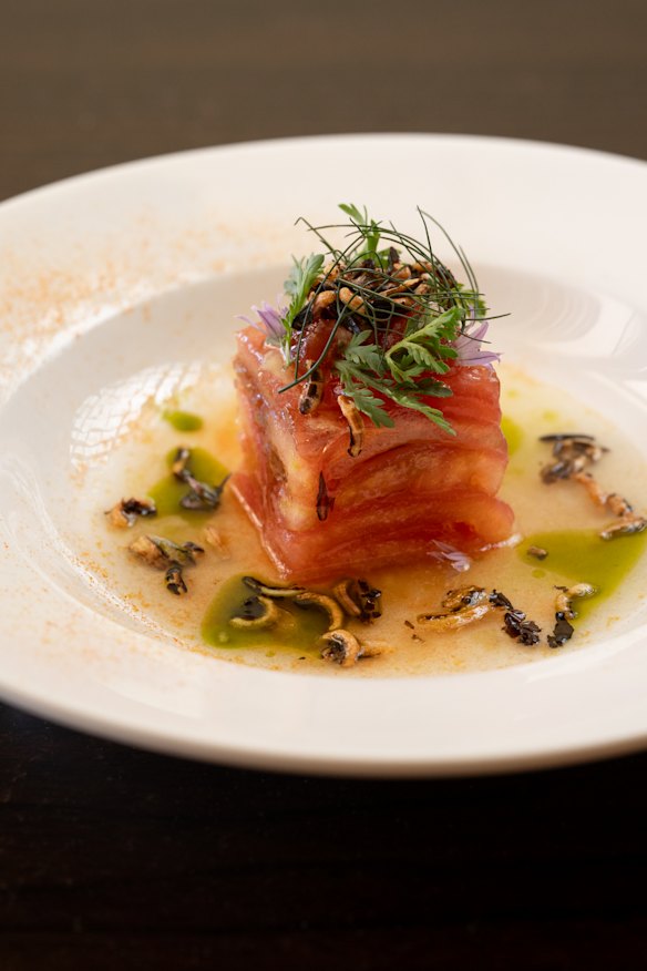 Tomato terrine, wild rice, eucalypt.