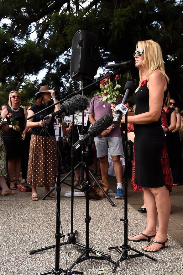 Natalie Hinton, the mother of Tara Brown, who was killed in a domestic violence incident in 2015, speaks during a domestic violence protest in Brisbane on Friday.