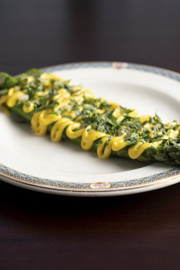 Asparagus with brown butter and tarragon emulsion.