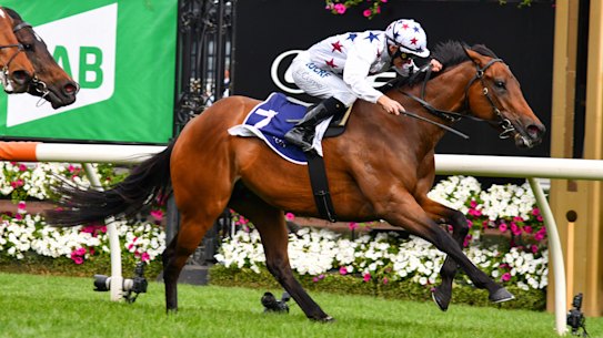 Jockey Luke Currie steers Sunlight to victory from Santa Ana Lane, ridden by Mark Zahra, in the Gilgai Stakes at Flemington on Saturday.