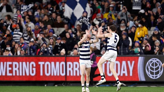 Jeremy Cameron celebrates a goal in Geelong’s win on Saturday night.