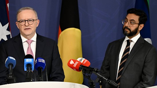 Prime Minister Anthony Albanese with Aftab Malik, the special envoy to combat Islamophobia, and Multicultural Affairs Minister Anne Aly.