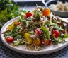 Vietnamese tomato salad with poached chicken and crispy vermicelli. Katrina Meynink Summer one pan recipes for Good Food January 2022. Please credit Katrina Meynink. Good Food use only.