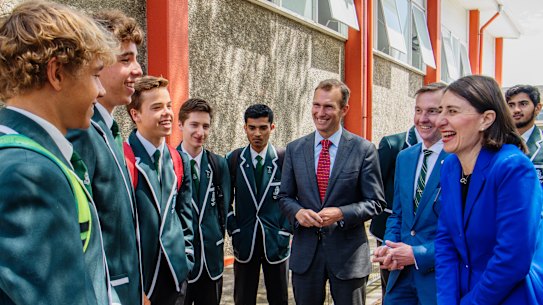 Premier Gladys Berejiklian and then education minister Rob Stokes at Randwick Boys' High last year.