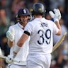 England’s Joe Root (second right) and batting partner Jamie Smith celebrate after their win on day five of the first Test against India at Headingley.