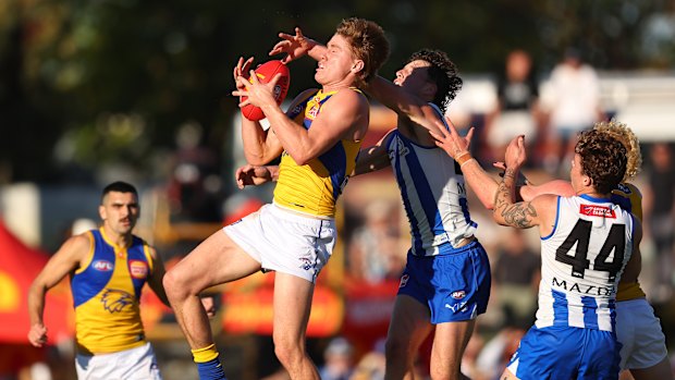 BUNBURY, AUSTRALIA - JUNE 08: Harry Edwards of the Eagles marks the ball during the round 13 AFL match between North Melbourne Kangaroos and West Coast Eagles at Hands Oval, on June 08, 2025, in Bunbury, Australia. (Photo by Paul Kane/Getty Images)