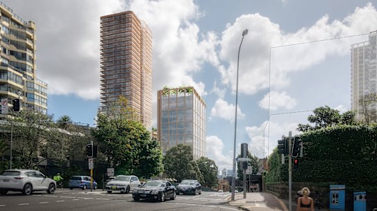 The building - as seen from the Double Bay side of New South Head Road - would be the tallest in the eastern suburbs. Ranelagh is on the right.