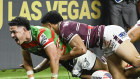 Jacob Gagai of the Rabbitohs 
celebrates after scoring a try during the opening match of the NRL between the Manly Warringah Sea Eagles and the South Sydney Rabbitohs at Allegiant Stadium in Las Vegas.