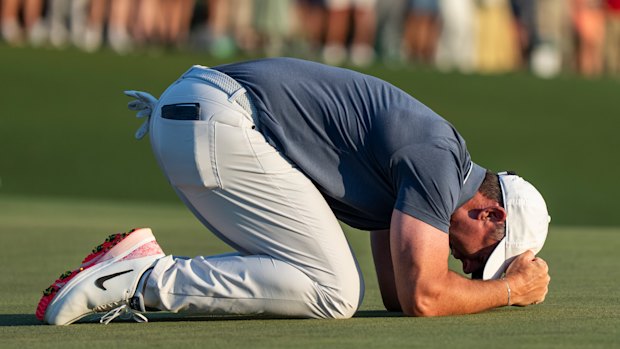 Rory McIlroy on the 18th green after winning the Masters.