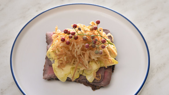 Roast beef smorrebrod (open sandwich) with pickle remoulade.