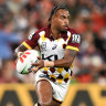 Ezra Mam for the Brisbane Broncos against the Manly Sea Eagles in Magic Round.