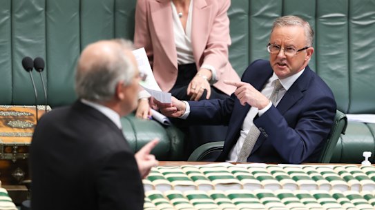 Prime Minister Scott Morrison and Opposition Leader Anthony Albanese  during question time.