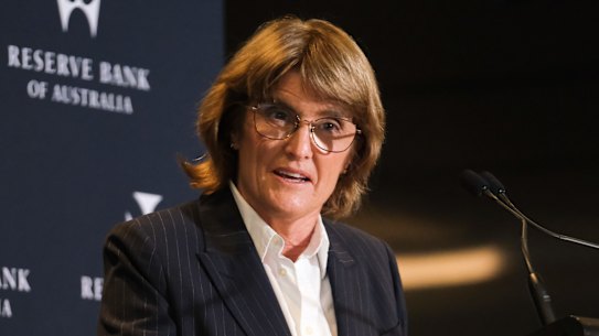 Central Bank governor Michele Bullock speaks at today's press conference.