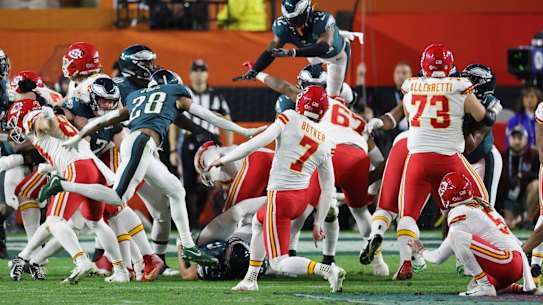Kansas City’s Harrison Butker  kicks the go ahead field goal during the fourth quarter against the Philadelphia Eagles.