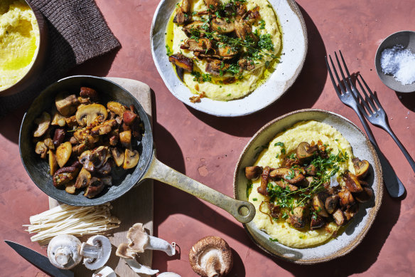 Autumn warmer: Braised mushrooms on a bed of creamy polenta.