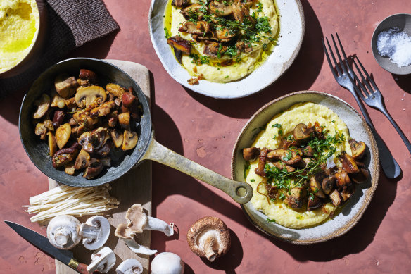 Autumn warmer: Braised mixed mushrooms on a bed of creamy polenta.