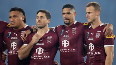 Josh Papalii, Ben Hunt, Dane Gagai and Daly Cherry-Evans of the Maroons line up during game one of the 2022 State of Origin series.