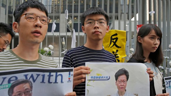 Pro-democracy activists, from right, Agnes Chow, Joshua Wong and Nathan Law.