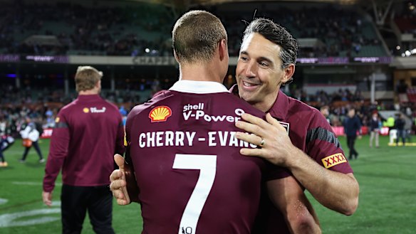 Billy Slater and Daly Cherry-Evans celebrate after their Origin victory.