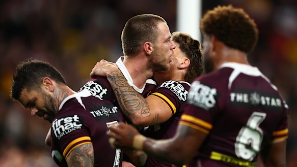 Jack Gosiewski celebrates a try.