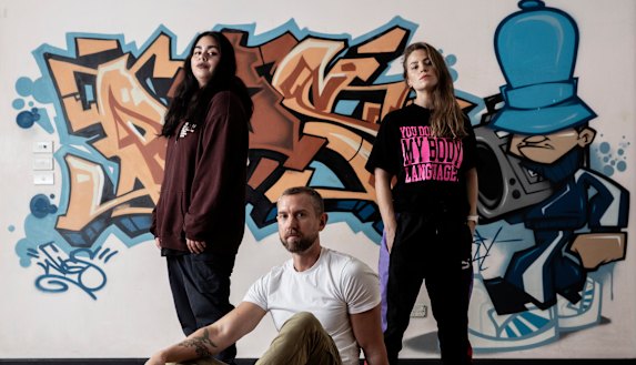 Director Luke Cornish with street dancers Gabi Quinsacara, left, and Patricia Crasmaruc who appear in his documentary Keep Stepping. 