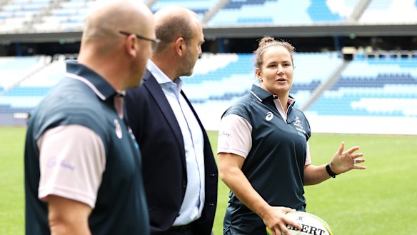 Wallaroos head coach Jay Tregonning, Rugby Australia chief executive Andy Marinos and Shannon Parry speak after Parry announced her retirement.