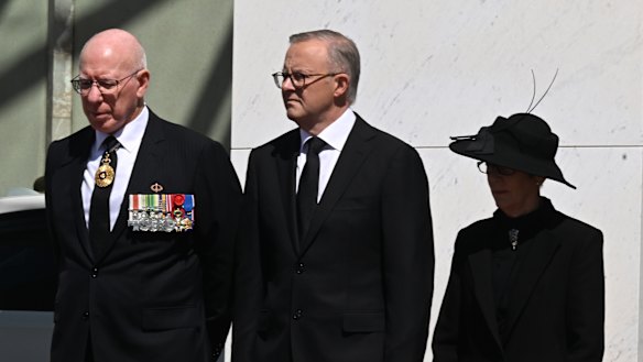 Governor-General David Hurley and wife Linda with Prime Minister Anthony Albanese at King Charles III’s proclamation in September.