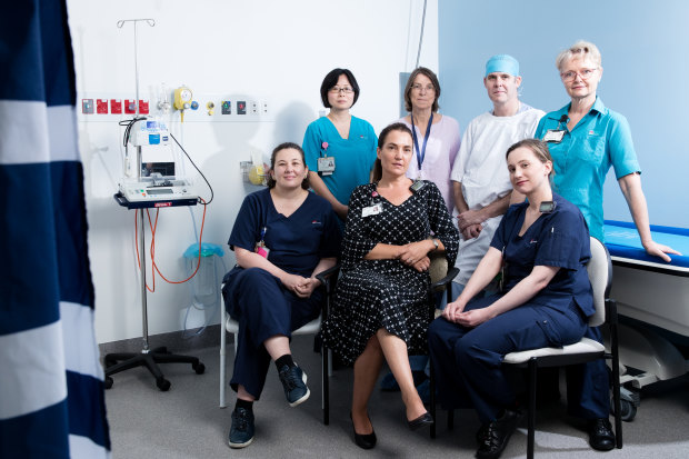 Part of the team at Royal North Shore Hospital's burns unit, from left: Clinical nurse consultant Kate Walsh, senior occupational therapist Akane Katsu, senior social worker Julia Kwiet, network manager of the statewide burn injury service Anne Darton, head of burns Dr Robert Gates, acting nurse unit manager Tracey Hurley and senior physiotherapist Julie Bricknell.