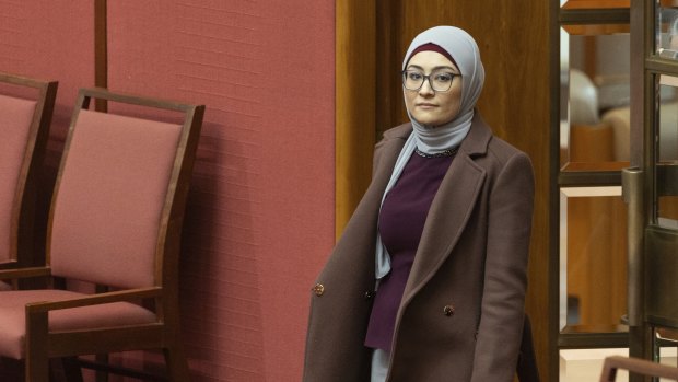 Senator Fatima Payman arrives for question time today.