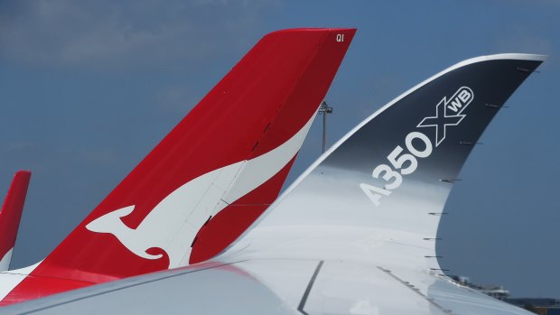 The curved wingtip of an Airbus A350-1000, shown here on an Airbus world tour in Sydney in  February. 