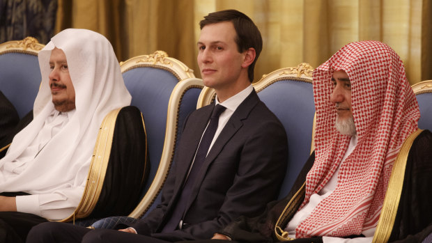 White House senior adviser Jared Kushner watches a ceremony where President Donald Trump was presented with The Collar of Abdulaziz Al Saud Medal, at the Royal Court Palace, on May 20, 2017, in Riyadh. 