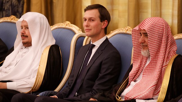 White House senior adviser Jared Kushner watches a ceremony where President Donald Trump was presented with The Collar of Abdulaziz Al Saud Medal, at the Royal Court Palace, on May 20, 2017, in Riyadh. 