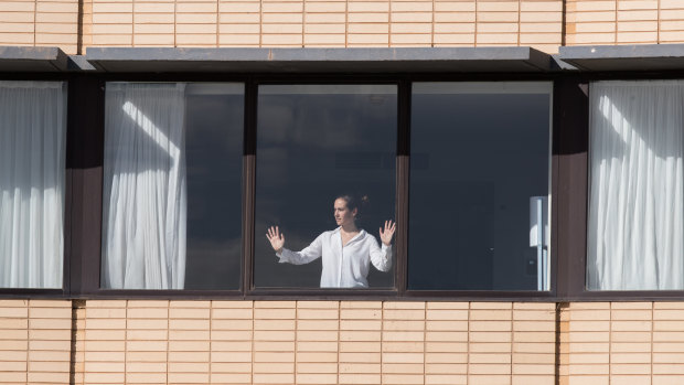 A guest in hotel quarantine at the Tullamarine Holiday Inn in April.