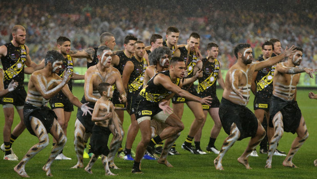 Sydney Stack of the Tigers leads an Indigenous dance for Dreamtime at the 'G.