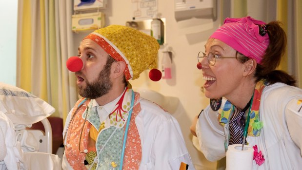 Clown doctors at the Canberra Hospital, Pablo Latona (Dr Snooze) and Ruth Pieloor (Dr Whoops).