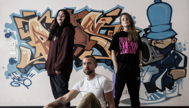 Director Luke Cornish with street dancers Gabi Quinsacara, left, and Patricia Crasmaruc who appear in his documentary Keep Stepping. 