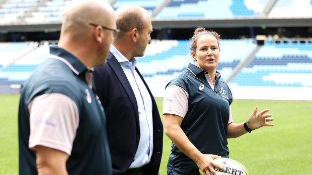 Wallaroos head coach Jay Tregonning, Rugby Australia chief executive Andy Marinos and Shannon Parry speak after Parry announced her retirement.