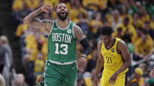 Boston forward Marcus Morris celebrates during the play-off game against the Pacers.