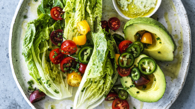 Neil Perry's avocado, tomato, baby gem lettuce salad. Would it be as moreish without the avo?