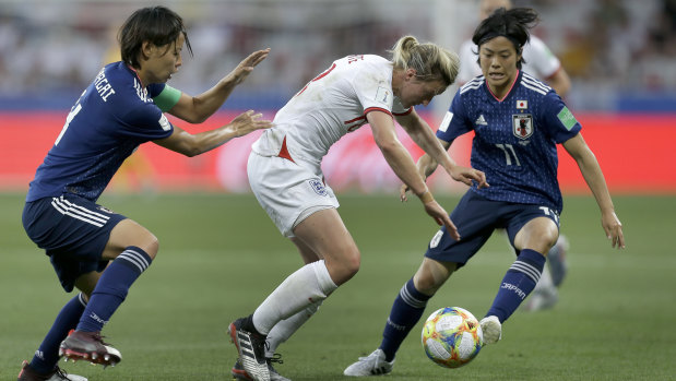 Rising stars: Japan's Rikako Kobayashi, right, challenges England's Ellen White, center, during the 2019 Women's World Cup Group D match.