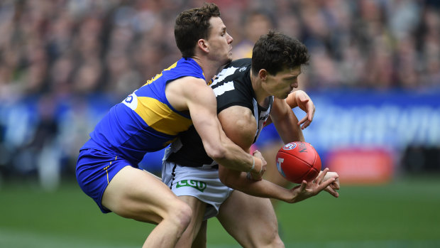 Wrapped up: West Coast midfielder Jack Redden applies pressure to Magpie Brody Mihocek during the grand final.