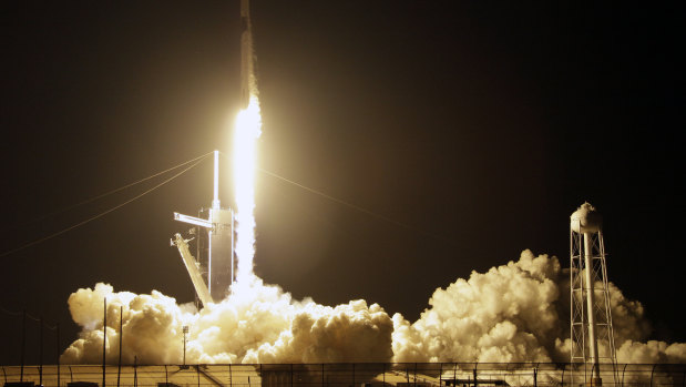 A SpaceX Falcon 9 rocket with a demo Crew Dragon spacecraft lifts off from pad 39A on an uncrewed test flight to the International Space Station at the Kennedy Space Centre in Cape Canaveral on Saturday.