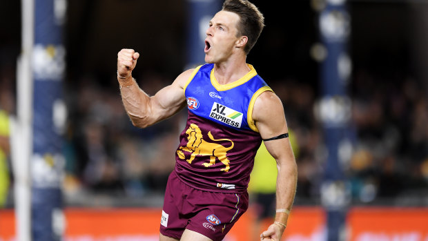 Lincoln McCarthy celebrates kicking a goal for the Brisbane Lions against Port Adelaide at The Gabba earlier this month.