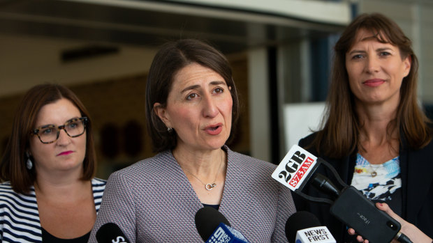 NSW Premier Gladys Berejiklian, pictured with Education Minister Sarah Mitchell (left) and East Hills MP Wendy Lindsay (right).