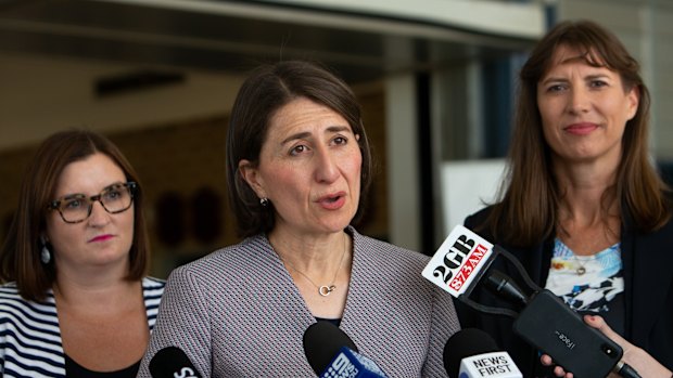 NSW Premier Gladys Berejiklian, pictured with Education Minister Sarah Mitchell (left) and East Hills MP Wendy Lindsay (right).