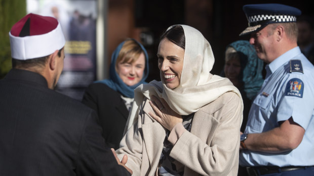 New Zealand Prime Minister Jacinda Ardern greets Imam Gamal Fouda of Masjid Al Noor, in Christchurch.