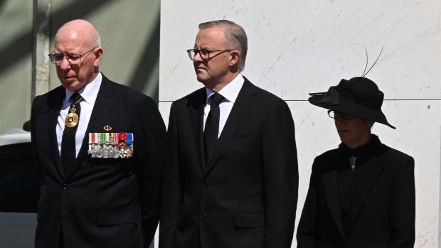 Governor-General David Hurley and wife Linda with Prime Minister Anthony Albanese at King Charles III’s proclamation in September.
