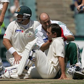 Justin Langer after a blow to the head in Johannesburg in 2006.